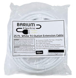 25ft White Extension Cord with 3 Outlets | 16 AWG | 120 Volt | Barium Electric